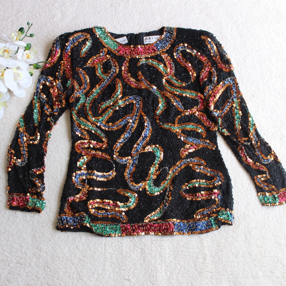 Neiman Marcus Colorful Silk Beaded Sequin Blouse S